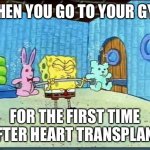 Spongebob workout heart transplant | WHEN YOU GO TO YOUR GYM; FOR THE FIRST TIME AFTER HEART TRANSPLANT | image tagged in workout wimmp spongebob,broken heart,transplant,dead,second life | made w/ Imgflip meme maker