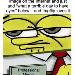 Took no creative thinking whatsoever | When you find a weird image on the Internet and just add “what a terrible day to have eyes” below it and Imgflip loves it; Professional Memer | image tagged in spongebob name tag,what a terrible day to have eyes,imgflip,imgflip users,stupid,memers | made w/ Imgflip meme maker