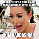 Kim Kardashian | WHEN THERE'S A SIGN ON THE BEACH THAT SAYS NO PLASTIC IN THE WATER; KIM KARDASHIAN | image tagged in kim kardashian | made w/ Imgflip meme maker