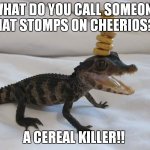 Baby Alligator with Cherios on its head | WHAT DO YOU CALL SOMEONE THAT STOMPS ON CHEERIOS? A CEREAL KILLER!! | image tagged in baby alligator with cherios on its head | made w/ Imgflip meme maker