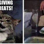 Cat yelling at woman | THIS IS FOR NOT GIVING ME THE BAG OF TREATS! WHY | image tagged in cat yelling at woman | made w/ Imgflip meme maker