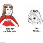 Time for daily pets | The cat; Dad; Yes honey... Time for my daily pets! | image tagged in yes dear,cats,parents,memes | made w/ Imgflip meme maker