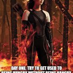 Thot katnis Everdeen hunger games | NEW YEAR'S RESOLUTIONS;; DAY ONE: TRY TO GET USED TO BEING HUNGRY WITHOUT BEING HANGRY. | image tagged in thot katnis everdeen hunger games | made w/ Imgflip meme maker