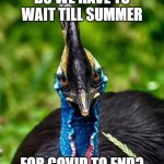 I thought it would end on March | DO WE HAVE TO WAIT TILL SUMMER; FOR COVID TO END? | image tagged in pissed off cassowary,coronavirus,2021 | made w/ Imgflip meme maker