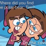 Double Timmy Turner | Where did you find the polar bear, Tim? In the cave. | image tagged in double timmy turner | made w/ Imgflip meme maker