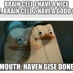 Brain cells | BRAIN CELL 1 HAVE A NICE DAY. BRAIN CELL 2 HAVE A GOOD ONE; MOUTH: HAVEN GISE DONE | image tagged in brain cells | made w/ Imgflip meme maker