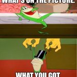 Michigan J. Frog | WHAT’S ON THE PICTURE. WHAT YOU GOT. | image tagged in michigan j frog,looney tunes | made w/ Imgflip meme maker