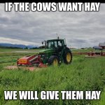 John Deere 6810 | IF THE COWS WANT HAY; WE WILL GIVE THEM HAY | image tagged in john deere 6810 | made w/ Imgflip meme maker