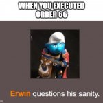 Erwin questions his sanity | WHEN YOU EXECUTED
ORDER 66 | image tagged in erwin questions his sanity | made w/ Imgflip meme maker
