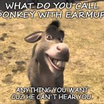 Daily Bad Dad Joke of the Day Jan 4 2021 | WHAT DO YOU CALL A DONKEY WITH EARMUFFS? ANYTHING YOU WANT CUZ HE CAN'T HEAR YOU. | image tagged in donkey shrek | made w/ Imgflip meme maker