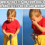 Crying kid with gun | WHEN YOU STEP ON YOUR DOG'S TAIL AND IT LETS OUT A SAD WHIMPER | image tagged in crying kid with gun | made w/ Imgflip meme maker