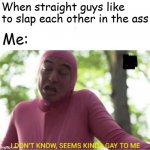 Slap Ass? | When straight guys like to slap each other in the ass; Me: | image tagged in i don't know seems kinda gay to me | made w/ Imgflip meme maker