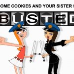 Caught you in the act...of stealing cookies. | STEALING SOME COOKIES AND YOUR SISTER SAW YOU?... you're | image tagged in you got busted,cookies,stealing,phineas and ferb,snitch,memes | made w/ Imgflip meme maker