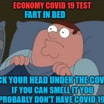 When you poop in your dreams | ECONOMY COVID 19 TEST; FART IN BED; STICK YOUR HEAD UNDER THE COVERS; IF YOU CAN SMELL IT YOU PROBABLY DON'T HAVE COVID 19 | image tagged in when you poop in your dreams | made w/ Imgflip meme maker
