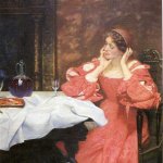 Lady with an empty glass of wine in an old painting