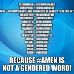 #amen | RECOMMEND = RECOMWOMAND
MENOPAUSE = WOMANOPAUSE
JUDGEMENT = JUDGEWOMANT (AND HUNDREDS OF WORDS THAT END IN “MENT”)
MOMENTUM = MOWOMANTUM
COMMENCE = COMWOMANCE
DEMENTIA - DEWOMANTIA
AMENABLE = AWOMANABLE
FLAMENCO - FLAWOMANCO
CEMENT - CEWOMANT
DEMENTED = DEWOMANTED
AMEND = AWOMAND
MENIAL = WOMANIAL
MEND = WOMAND
MENU = WOMANU
OMEN = OWOMAN; BECAUSE #AMEN IS NOT A GENDERED WORD! | image tagged in blue abstract | made w/ Imgflip meme maker