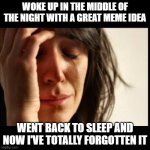 Sad girl meme | WOKE UP IN THE MIDDLE OF THE NIGHT WITH A GREAT MEME IDEA; WENT BACK TO SLEEP AND NOW I'VE TOTALLY FORGOTTEN IT | image tagged in sad girl meme | made w/ Imgflip meme maker