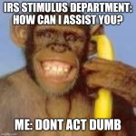 Monkey banana phone | IRS STIMULUS DEPARTMENT:
HOW CAN I ASSIST YOU? ME: DONT ACT DUMB | image tagged in monkey banana phone | made w/ Imgflip meme maker