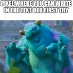 Pleased Sulley | WHEN YOU HIT THE PIXEL WHERE YOU CAN WRITE IN THE TEXT BOX FIRST TRY | image tagged in pleased sulley | made w/ Imgflip meme maker