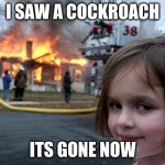Disater | I SAW A COCKROACH; ITS GONE NOW | image tagged in disater | made w/ Imgflip meme maker