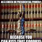 law library books justice tyranny | HOW IMPORTANT WAS THE HOUSE AS A CHECK ON PRESIDENTIAL POWER? BECAUSE YOU CAN KISS THAT GOODBYE | image tagged in law library books justice tyranny | made w/ Imgflip meme maker