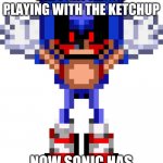 Sonic ketchup tears | KNUCKLES WHAT DID I SAY ABOUT PLAYING WITH THE KETCHUP; NOW SONIC HAS IT IN HIS EYES | image tagged in sonic ketchup tears | made w/ Imgflip meme maker
