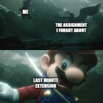 (¬_¬ ) | ME; THE ASSIGNMENT I FORGOT ABOUT; LAST MINUTE EXTENSION | image tagged in sephiroth stabbing mario,memes,school | made w/ Imgflip meme maker
