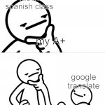 me irl | me in spanish class; my A+; google translate | image tagged in asdf man rubbing chin,spanish,funny memes | made w/ Imgflip meme maker