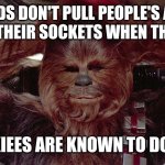Chewbacca relaxed  | DROIDS DON'T PULL PEOPLE'S ARMS OUT OF THEIR SOCKETS WHEN THEY LOSE; WOOKIEES ARE KNOWN TO DO THAT | image tagged in chewbacca relaxed | made w/ Imgflip meme maker