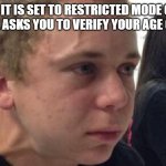 when it is set to restricted mode off on YT | WHEN IT IS SET TO RESTRICTED MODE OFF ON YT. IT STILL ASKS YOU TO VERIFY YOUR AGE ON A VIDEO | image tagged in frustrated meme | made w/ Imgflip meme maker