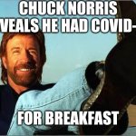 It's the most important virus of the day | CHUCK NORRIS REVEALS HE HAD COVID-19; FOR BREAKFAST | image tagged in chuck norris says,covid-19,coronavirus,corona,breaking news,news | made w/ Imgflip meme maker