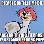 I Want to Break Free | PLEASE DON'T LET ME DIE; ARE YOU TRYING TO CRUSH MY DREAMS OF LIVING FREE? | image tagged in don't let chooch die | made w/ Imgflip meme maker