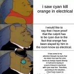 Among us fancy | i saw cyan kill orange in electrical; I would like to say that i have proof that the culprit has to be cyan due to the fact that orange has been slayed by him in the room know as electrical. It has come to my attention through my eyes that my vision has saw the color know as orange ripped directly in half and is laying in a pool of blood in electrical, with cyan near him. Therefore, according to the situation, i thus' have reason to believe that Cyan is the impostor among us. | image tagged in fancy pooh,among us | made w/ Imgflip meme maker