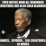 morgan freeman facts | EVER NOTICE HOW ALL VENEMOUS CREATURES ARE ALSO COLD BLOODED? SNAKES... SPIDERS... SEA CREATURES...
EX WIVES | image tagged in morgan freeman facts | made w/ Imgflip meme maker