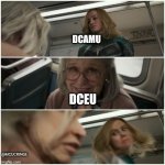 Captain Marvel Punch Old Lady | DCAMU; DCEU; @MCUCRINGE | image tagged in captain marvel punch old lady | made w/ Imgflip meme maker
