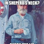 A sailor in Hirtshals | SAILOR, STUCK IN SHEPERD'S NECK? CHECK THE LIB | image tagged in old sailor,hirtshals | made w/ Imgflip meme maker