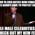 jerry seinfeld stand up | DID YA EVER NOTICE HOW FEMALE CELEBRITIES ALWAYS HAVE TO PROTEST SOMETHING? WHILE MALE CELEBRITIES ARE LIKE "CHECK OUT MY NEW FERRARI" | image tagged in jerry seinfeld stand up | made w/ Imgflip meme maker