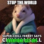 Ferret words of WISDOM | STOP THE WORLD; EVERYONE GET OFF | image tagged in kenneth says chilllllll | made w/ Imgflip meme maker