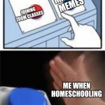 Red and Blue Buttons | MAKING MEMES; JOINING ZOOM CLASSES; ME WHEN HOMESCHOOLING | image tagged in red and blue buttons | made w/ Imgflip meme maker
