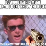e | DOWNVOTE THIS MEME OR YOU DONT KNOW THE RULES | image tagged in you know the rules and so do i,e | made w/ Imgflip meme maker