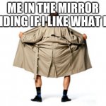 Expose Yourself | ME IN THE MIRROR DECIDING IF I LIKE WHAT I SEE | image tagged in expose yourself | made w/ Imgflip meme maker