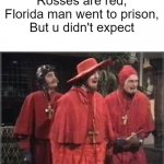 It's true. | Rosses are red,
Florida man went to prison,
But u didn't expect | image tagged in spanish inquisition | made w/ Imgflip meme maker