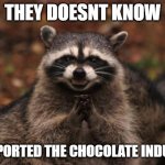 Evil racoon | THEY DOESNT KNOW; I SUPPORTED THE CHOCOLATE INDUSTRY | image tagged in evil racoon | made w/ Imgflip meme maker