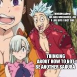 Seven Deadly Sins memes | THINKING ABOUT WHETHER SHE WILL STAY SINGLE FOREVER; THINKING ABOUT HIS GIRL WHO LOOKS LIKE A LOLI BUT IS NOT ONE; THINKING ABOUT HOW TO NOT BE ANOTHER SAKURA | image tagged in 3 opinions,seven deadly sins | made w/ Imgflip meme maker