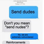 Send dudes | Send dudes; Don't you mean "send nudes"? No, we are extremely outnumbered; Reinforcements are on their way | image tagged in blank text conversation | made w/ Imgflip meme maker
