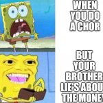 plz like ths im only 14 | WHEN YOU DO A CHOR; BUT YOUR BROTHER LIE'S ABOUT THE MONEY | image tagged in sponge bob buy | made w/ Imgflip meme maker