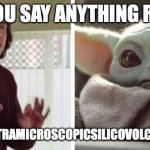 smort baby yoda | CAN YOU SAY ANYTHING RIGHT? PNEUMONOULTRAMICROSCOPICSILICOVOLCANOCONIOSIS | image tagged in adam driver baby yoda argue | made w/ Imgflip meme maker