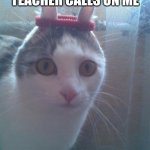 scrunch cat | ME WHEN MY TEACHER CALLS ON ME | image tagged in surprised scrunchy cat | made w/ Imgflip meme maker