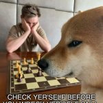 Check, mate.? | CHECK YER'SELF BEFORE YOU WRECK YER'SELF YA'LL. | image tagged in smug dog chess master | made w/ Imgflip meme maker