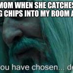What i get hungry | MY MOM WHEN SHE CATCHES ME SNEAKING CHIPS INTO MY ROOM AT 3:0 AM | image tagged in you have chosen death,mom | made w/ Imgflip meme maker